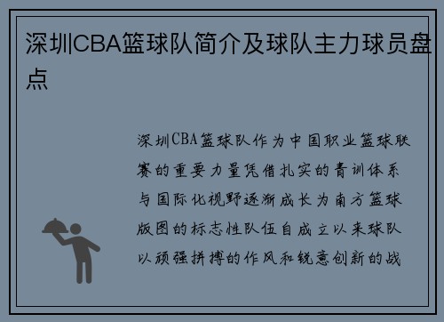 深圳CBA篮球队简介及球队主力球员盘点