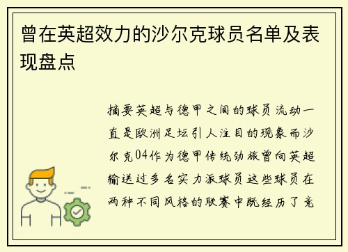 曾在英超效力的沙尔克球员名单及表现盘点