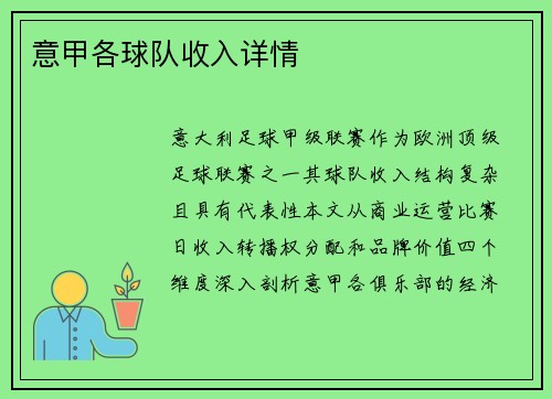 意甲各球队收入详情